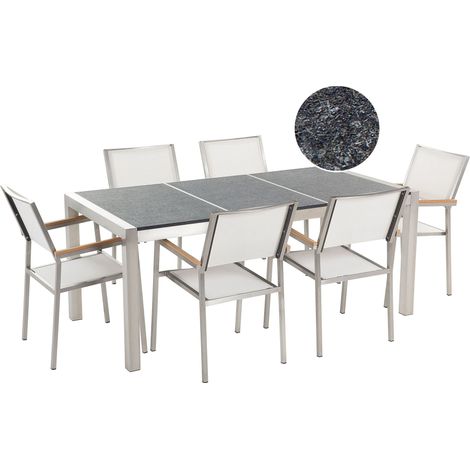 Table de Jardin et 6 Chaises 180 x 90 cm Granit et Textile Noir et Blanc Grosseto (1/5)