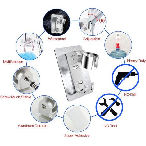 Support de douche, support de douche réglable, support de douche à main, pas besoin de remplacer le support de douche sans perçage, support de douche à main réglable grand angle (1/4)