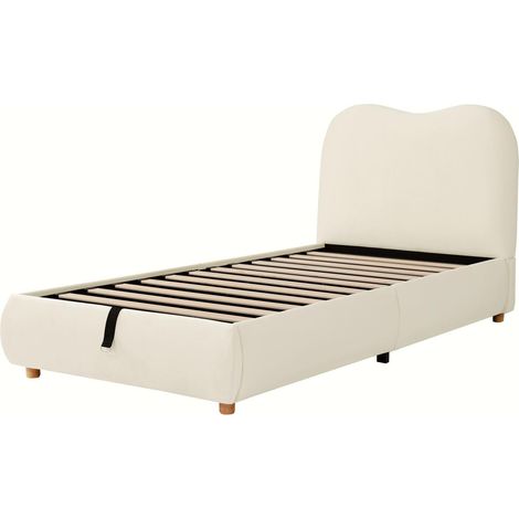 Letto per bambini imbottito 90 x 200 cm in velluto beige con contenitore idraulico e testiera (1/5)