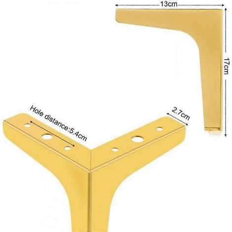 Un ensemble de quatre pieds de meubles en métal, de conception triangulaire, adaptés aux canapés, tables et armoires, comprend 16 vis, finition dorée, disponible en quatre tailles, 1823. (1/3)