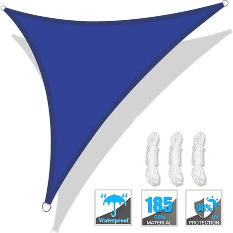 (Bleu, 200x200x200CM) Voile d'ombrage triangulaire, protection UV, adaptée aux patios, jardins et cours extérieures. (1/5)