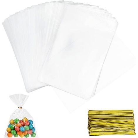 200 PCS Sachets Transparents Bonbons, sac carré transparent, Sac de Bonbons en Plastique Biscuit Cadeau Mariage, pour emballer des biscuits gâteau au chocolat confiserie (10 x 15 cm)-