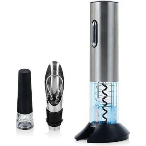 Rechargeable Electric Stainless Steel Corkscrew with USB Charging Port - Small, Portable Foil Cutter - Bottle Opener with Vacuum Stopper and Pouring Spout (1/4)