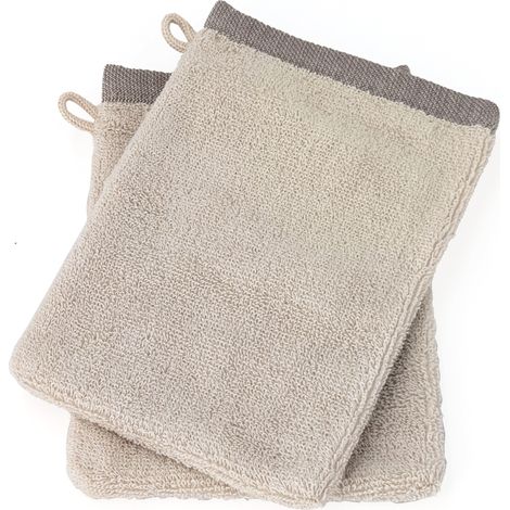 Lot de 2 gants de toilette absorbants coton 16x21cm FEUILLE beige