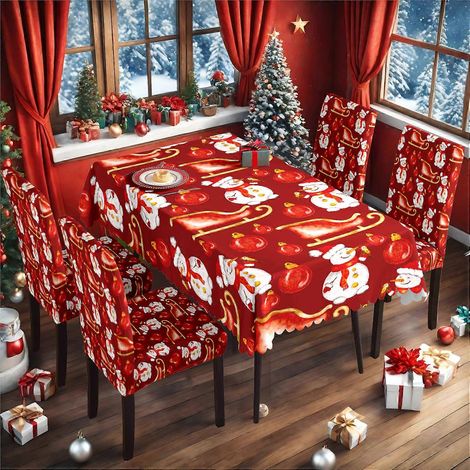 Ensemble de nappe et housse de chaise de Noël en soie de lait imperméable, imprimé, référence TC-221 (140 x 210 cm).