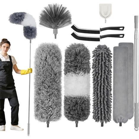 10 Pièces Plumeau Telescopique, Plumeau TéLescopique Lavable, Balai Toile d'Araignée, Brosse d'angle pour Nettoyage, TêTe De Plumeau en Chenille pour Plafonds, Stores, Meubles, Extensible Jusqu'à 2,1M (1/5)