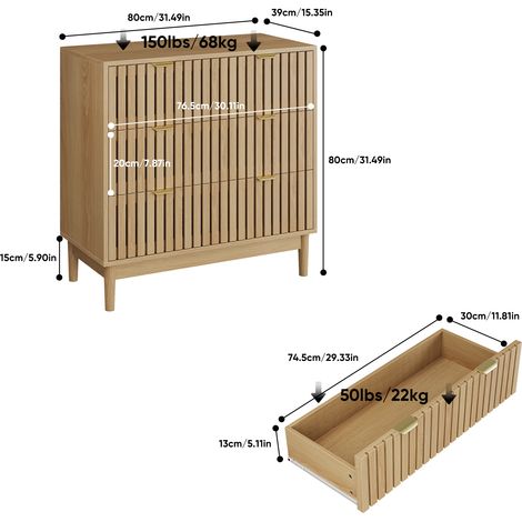 Commode, en bois, avec tiroirs, chêne, pour chambre, salon, chambre et couloir, meuble de rangement, format pratique