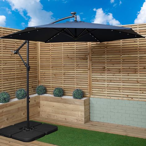3m Solar Powered Lit Banana Cantilever Garden Parasol with LEDs & Base Weights Included in Blue