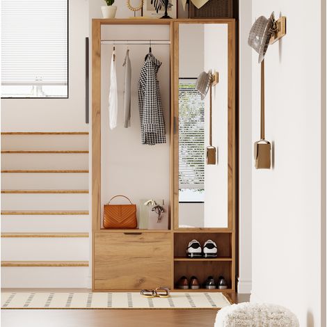 Mobile da ingresso con specchio 100 x 33 x 190 cm in truciolare naturale - CHICFURN (1/5)