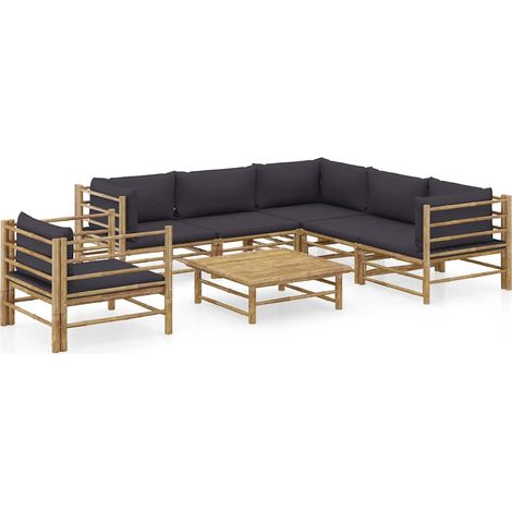 Salon de jardin 7 pcs Ensemble Table et Chaise de Jardin - avec coussins gris foncé Bambou BV574041 - BonneVie (1/5)