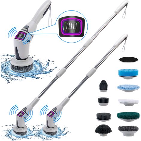 Limpiador eléctrico 10 en 1, cepillo de baño eléctrico con 10 cabezales de repuesto, cepillo de ducha inalámbrico con brazo extensible, resistente al agua IPX7, pantalla LED