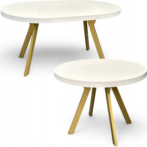 Runder Esstisch Weiß Halbmatt Ausziehbar Ø90/190 cm mit Goldenen Y-Metallbeinen (1/5)