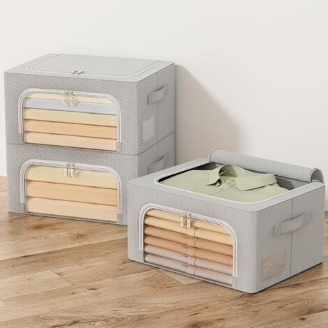 Gris, 24 L, lot de 3 boîtes de rangement pliables pour vêtements, housse de rangement pour couette, organiseur de vêtements avec cadre en métal, empilable (1/5)