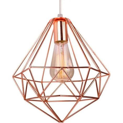 E27 Lustre Suspension en Cage Diamante Métal Plafonnier Industrielle Moderne Or Rose (1/4)