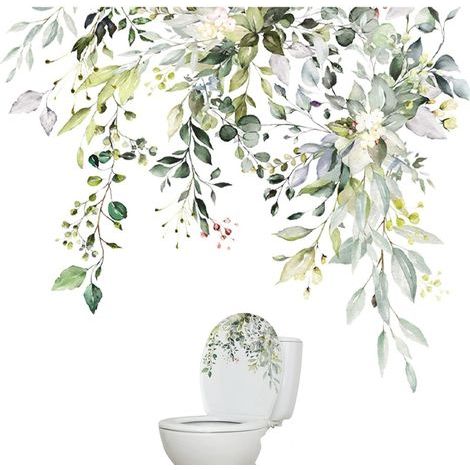 Toilettenaufkleber, Blätter, Pflanzen, abziehbar, Wandaufkleber, Badezimmerdeko, grüne Blumen (1/5)