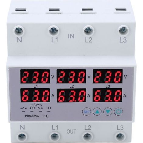 Voltmètre à Rail DIN triphasé, ampèremètre, protecteur automatique de surtension et de surintensité, AC 390 à 500V, 63A (1/5)
