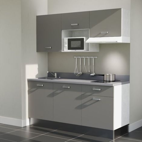 Kitchenette K30L - 180 cm - plan monobloc évier intégré Cromo- évier à gauche - Façades Gris + Electroménager inclus coloris Blanc