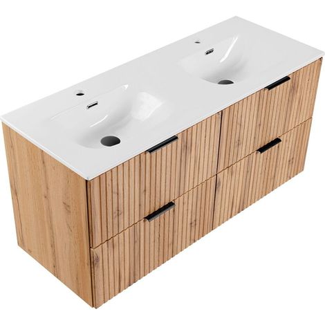 Badmöbel Waschtisch mit Unterschrank Set 120cm, Wotaneiche gerillt, 2 Keramik Doppel-Waschbecken, 4 Softclose-Schubkästen, B/H/T 121/58,5/46 cm (1/5)