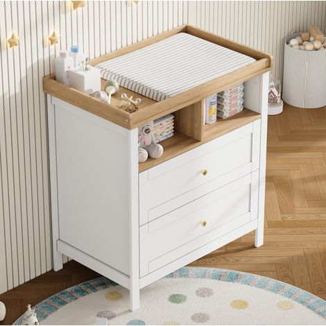 Commode à langer bébé 82x50x90 cm MDF blanche, tiroirs, pour chambre, gain de place – MEUBLIV