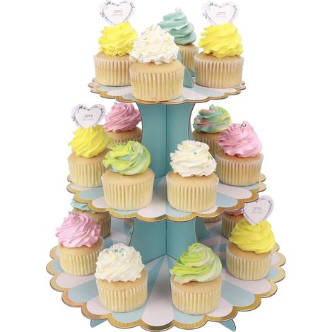 Présentoir à cupcakes (bleu, 32 cm x 30 cm) à 3 étages en carton, idéal pour une baby shower, une fête d'enfants ou une fête à thème. (1/5)