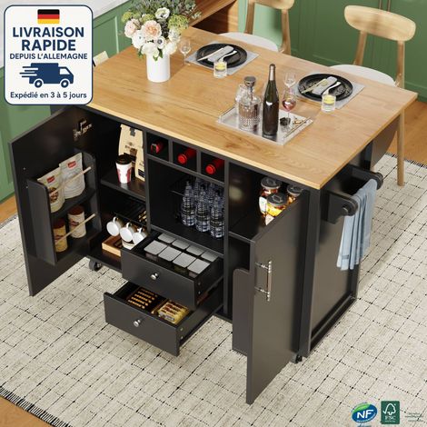 MODFU - Carrello da cucina con 2 ante e 2 cassetti, tavolo pieghevole, mobile contenitore per soggiorno, MDF, nero (1/5)