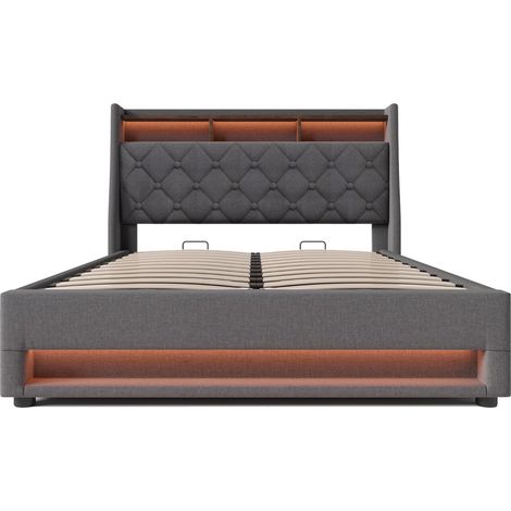 JANZDIYS - Lit 160 X 200 avec sommier - Lit coffre 160 X 200 avec LED RGB - Prise USB-C - Lit adulte 2 Personnes avec rangement hydraulique - gris