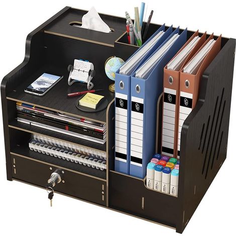 1 Organiseur de bureau en bois, grande capacité, tiroir, trieur documents A4, rangement fournitures, pour maison bureau école (1/5)
