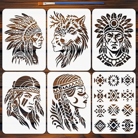 6Pcs Pochoir Art Tribal Aztèque Avec Pinceau, 29.7x21cm Pochoirs Figures et Motifs Aztèques - Pochoirs Peinture Indien Tribal pour Artisanat sur Fenêtre, Bois, Mur, Décoration Maison (1/5)