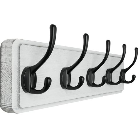 Porte Manteau Mural Bois Blanc, Le Style Rustique, 44cm Longue,Grand Porte-manteau Mural avec 5 Crochets Doubles Pour suspendre sac à dos, veste, chapeau (1/5)
