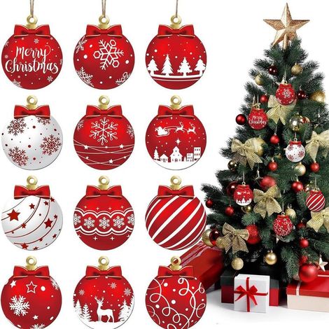 Lot de 12 boules de Noël rouges et blanches à suspendre en bois - Décorations festives pour sapin de Noël avec flocons de neige, rennes et Père Noël (1/5)