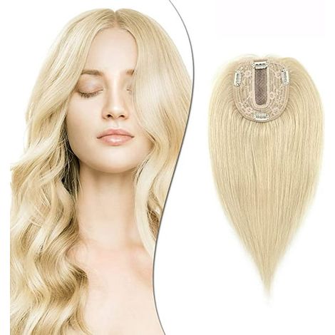 Perruque couronne pour femmes 100% cheveux humains, postiche à clips base soie raie milieu, couverture perte cheveux blancs gris, extension capillaire 18 57g 613 Blond Clair (1/5)