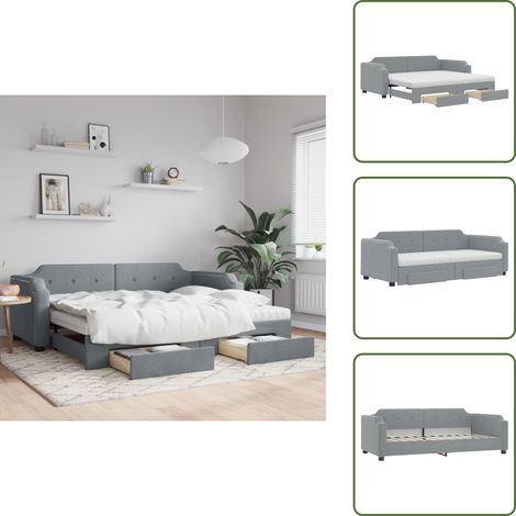 The Living Store Lit de jour avec gigogne et tiroirs gris clair 80x200 cm tissu - Canapé Lit - Lit Gigogne - Meuble Multifonction - Lit D'appoint - Rangements Intégrés