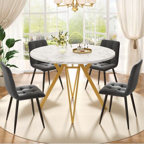 MEUBLIV Ensemble table à manger ronde 100 cm avec 4 chaises grises et pieds métal doré (1/5)