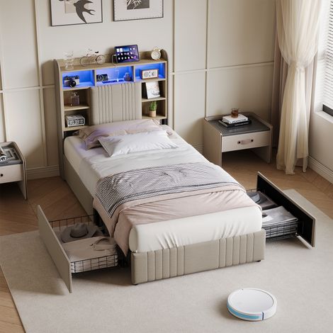 JOOKGBD - Einzelbett 90x200 cm, Jugendbett gepolstert, Kopfteil gepolstert mit LED und USB, Stauraum 2 Schubladen, Lattenrost inklusive, Stabile Konstruktion, Leinen, Beige, ohne Matratze