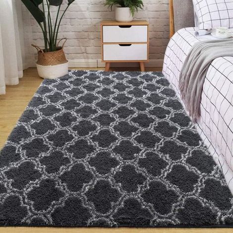 Tapis Salon Tapis Chambre Tapis Shaggy Géométrique Treillis de Salon Confortable Maison de Sol (Gris, 120 x 160 cm)