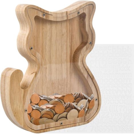 Natural Wooden Cat Money Box with Easy Opening - Educational Gift Idea for Girls and Boys - Animal Room Decoration