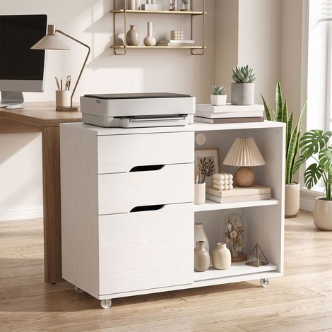 Meuble pour imprimante à roulettes, 3 tiroirs, barre réglable, 2 étagères ouvertes et poignées pour documents A4, blanc (1/5)