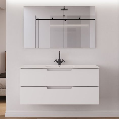 Meuble de salle de bain 120 cm simple vasque - 2 tiroirs - blanc mat - SONRIZA (1/5)