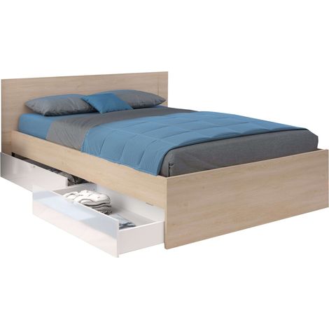 Cama Doble John con cajones color Roble Brooklyn y Blanco Shiny 135-140x190 cm (1/4)