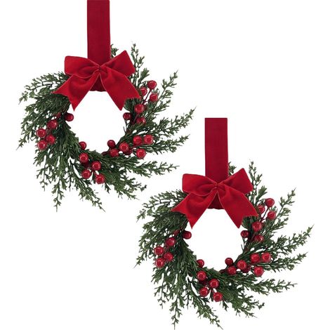 Lot de 2 mini couronnes de Noël pour porte d'entrée, 25 cm, baies rouges artificielles et nœud en ruban, petite couronne de Noël pour cuisine, placard, fenêtre et mur, décoration festive de Noël (1/5)