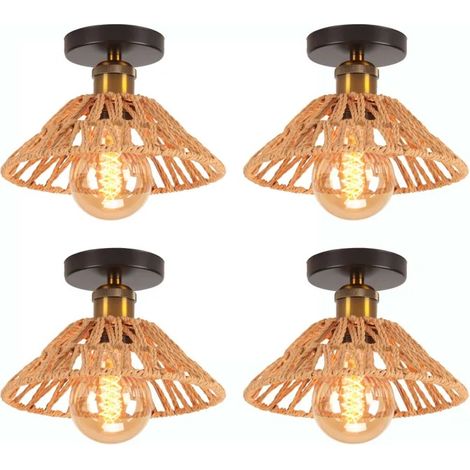 4pcs Plafonnier Industriel E27 Lampe de Plafond Vintage en Corde de Papier Luminaire Abat-jour en Chapeau pour Salon Entree (1/5)