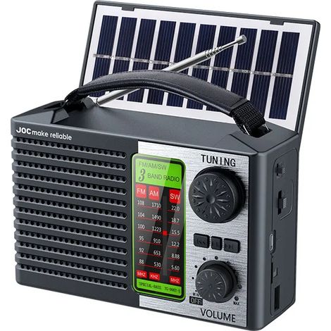 Radio portable à bande complète, alimentée par énergie solaire, compatible avec les bandes FM/AM/SW, lecteur de musique Bluetooth sans fil, avec une lampe LED haute puissance et une batterie rechargea (1/5)
