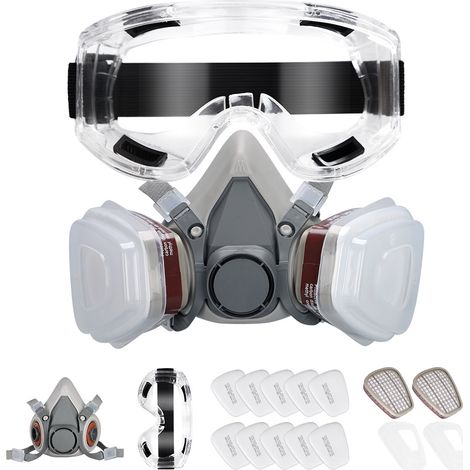 Masque de protection A1P2 avec lunettes de sécurité et 10 filtres pour la peinture, la résine époxy, le bricolage, le ponçage, le soudage et la protection contre la poussière et les gaz. (1/5)