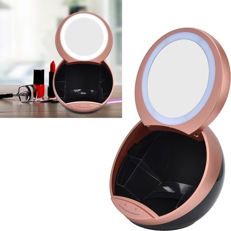 Miroir de maquillage rond à LED blanche dimmable 2 en 1, rechargeable par USB, avec boîte de rangement pour salle de bain, couleur or. (1/5)