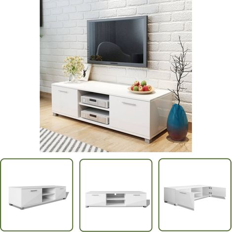 The Living Store Meuble TV Blanc brillant 120x40,5x35 cm - Support Tv - Meuble Tv - Meuble Tv Blanc - Meuble Tv Brillant - Meuble Tv Salle De Séjour (1/5)