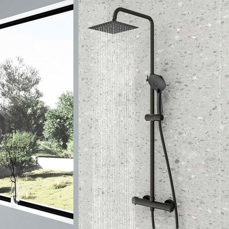 AICAIT Colonna doccia Termostatica, Nera Multifunzione Colonna doccia con soffione quadrato 20x20cm + doccetta a 3 getti