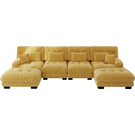 Sofá modular en U para salón, 4 plazas, chenilla amarilla, con otomana móvil, estilo nube (1/5)