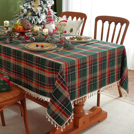 Nappe à carreaux de Noël rectangle lavable, housse de table à carreaux de buffle pour Noël avec franges, housse de table en coton lin à carreaux vichy pour salle à manger, verte, rectangle, 55 pouces (1/4)