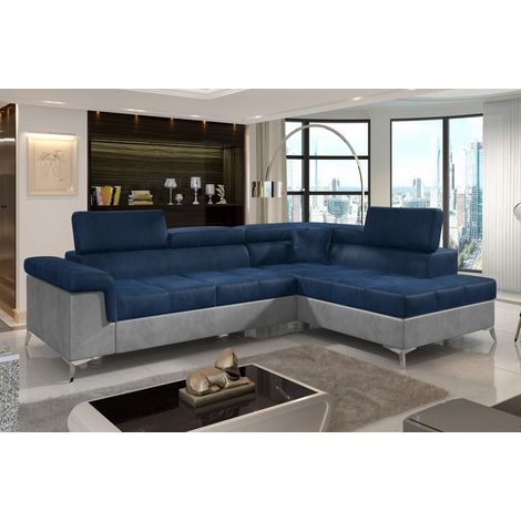 Canapé d'angle convertible - ERIKA - en tissu luxe 5 places, bleu et gris, angle droit (vu de face) (1/5)