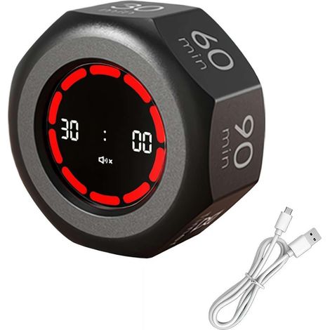 Minuteur de Productivité Numérique Octogonal Rotatif, Minuterie de Décompte 1-90 Min, Portable avec Alerte Sonore Réglable, Minuteur de Bureau Polyvalent pour Études, Tâches & Cuisine (Noir) (1/5)